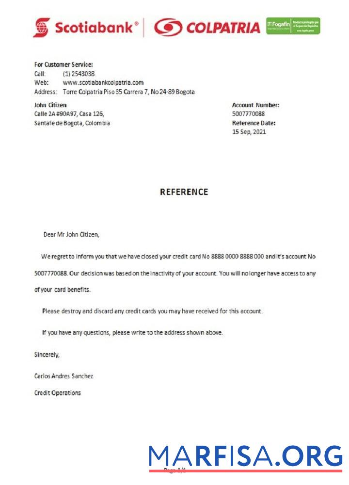 Realistic Colombia Scotiabank Colpatria closure reference sample